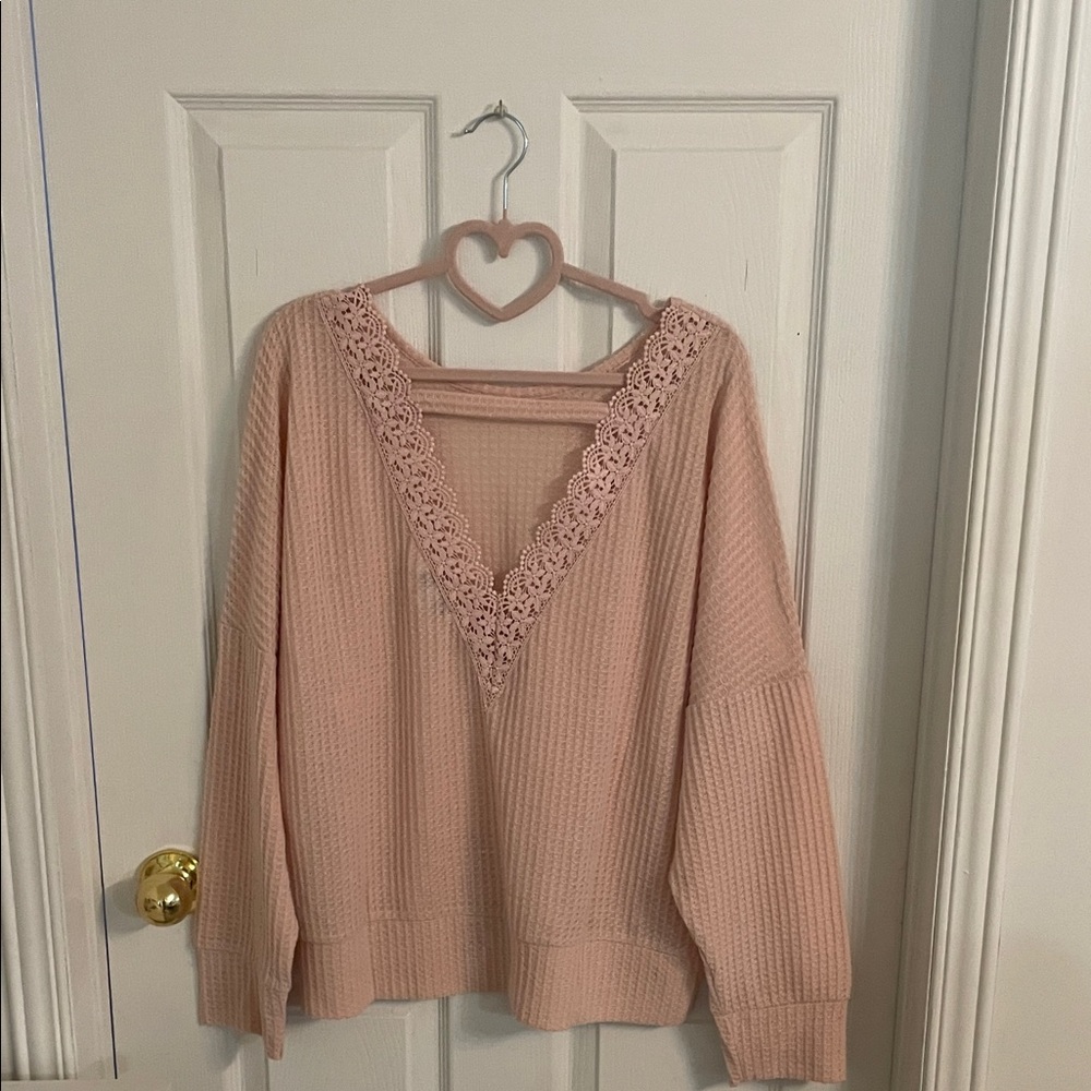 🤍🩰 MyStyle Light Pink Textured Knit Lace Back V-Neck Sweater XL